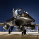 Fighter jet on a night time runway with cockpit open and two ground crew in orange vests nearby