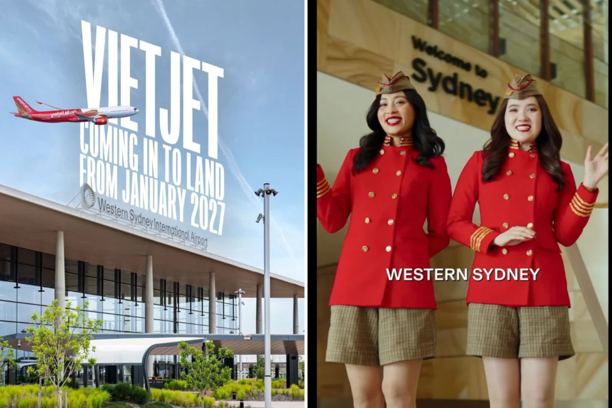 Airline advert a red Vietjet jet flying past a large sign announcing landing in Western SydneyJanuary 2027 at the airport
