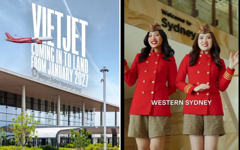 Airline advert a red Vietjet jet flying past a large sign announcing landing in Western SydneyJanuary 2027 at the airport