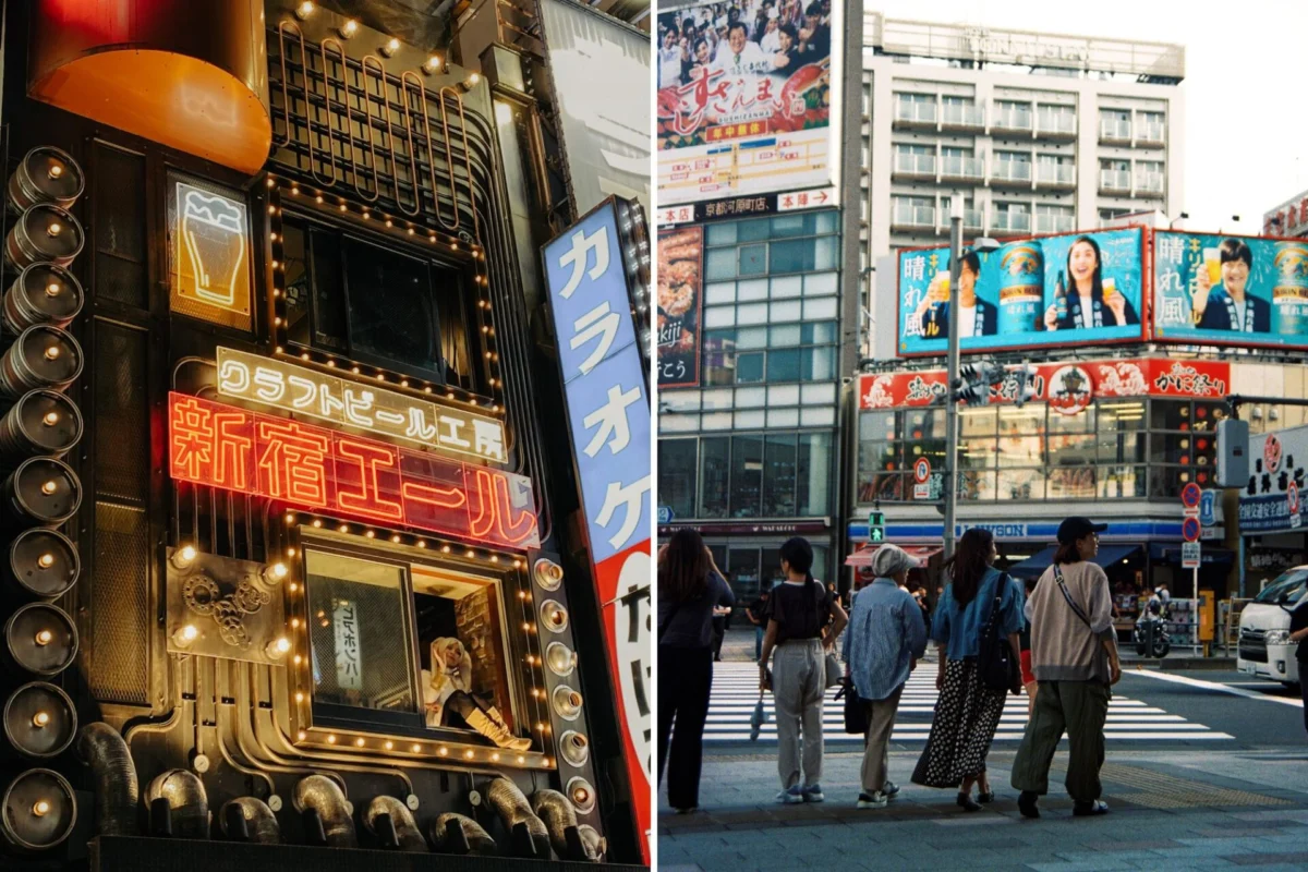 Two panel street scene in Japan left shows a neon lit storefront with bold Japanese signage right shows pedestrians mid crosswalk with billboards overhead