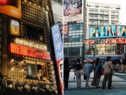 Two panel street scene in Japan left shows a neon lit storefront with bold Japanese signage right shows pedestrians mid crosswalk with billboards overhead