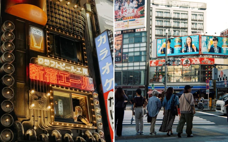 Two panel street scene in Japan left shows a neon lit storefront with bold Japanese signage right shows pedestrians mid crosswalk with billboards overhead