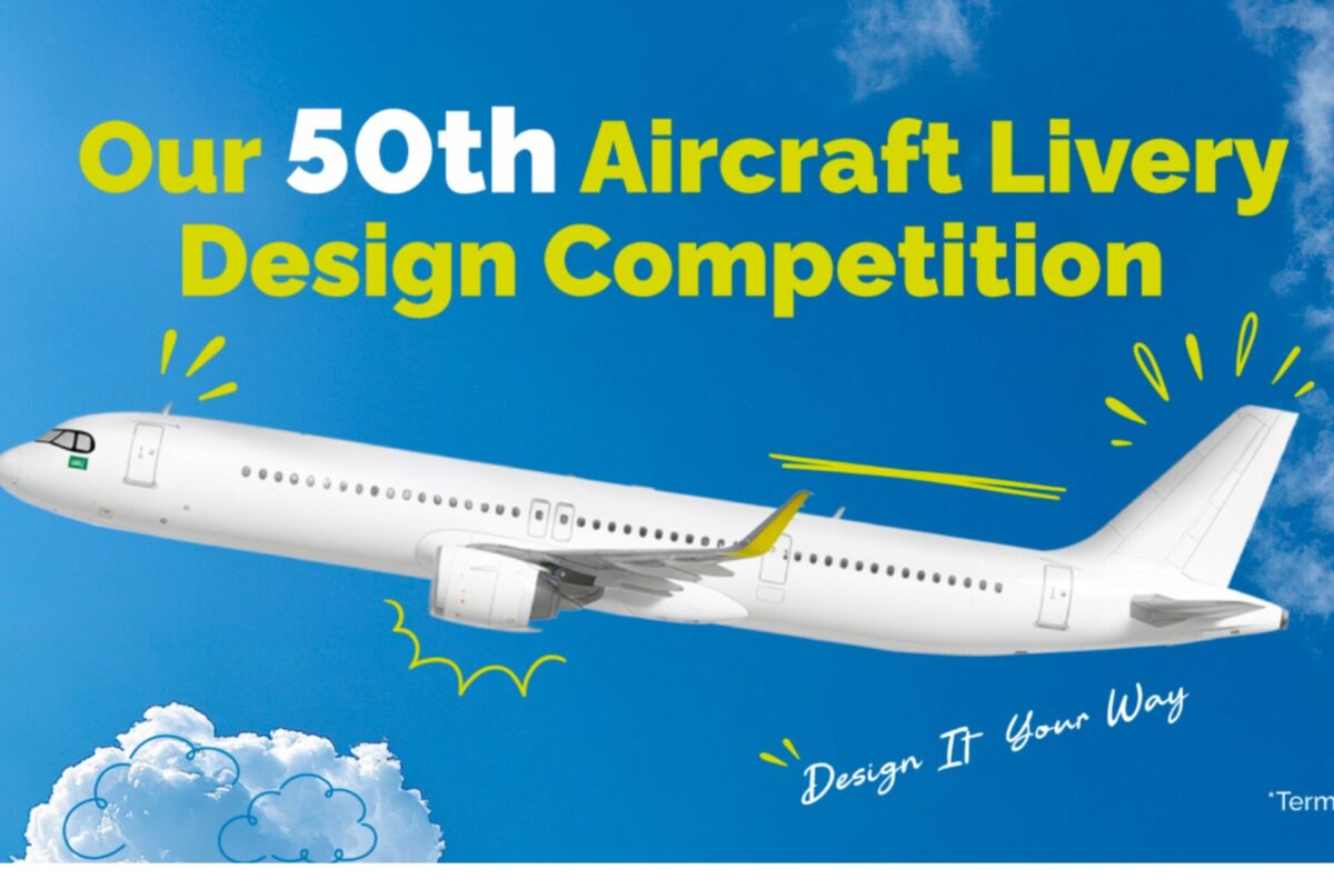 flyadeal launches competition to design its 50th aircraft Banner announcing the 50th Aircraft Livery Design Competition with a white airplane silhouette against a blue sky