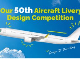 Banner announcing the 50th Aircraft Livery Design Competition with a white airplane silhouette against a blue sky