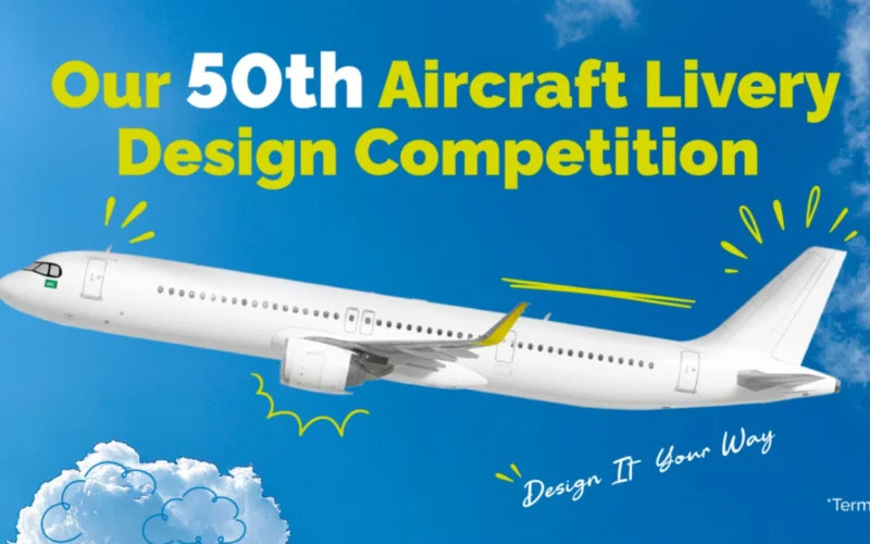 Banner announcing the 50th Aircraft Livery Design Competition with a white airplane silhouette against a blue sky