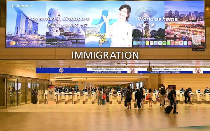Large immigration hall at an airport with a row of self service kiosks and a prominent IMMIGRATION sign above travellers queuing