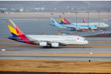 Wide view of an airport apron with multiple parked aircraft foreground features an Asiana Airlines jet with a colorful tail