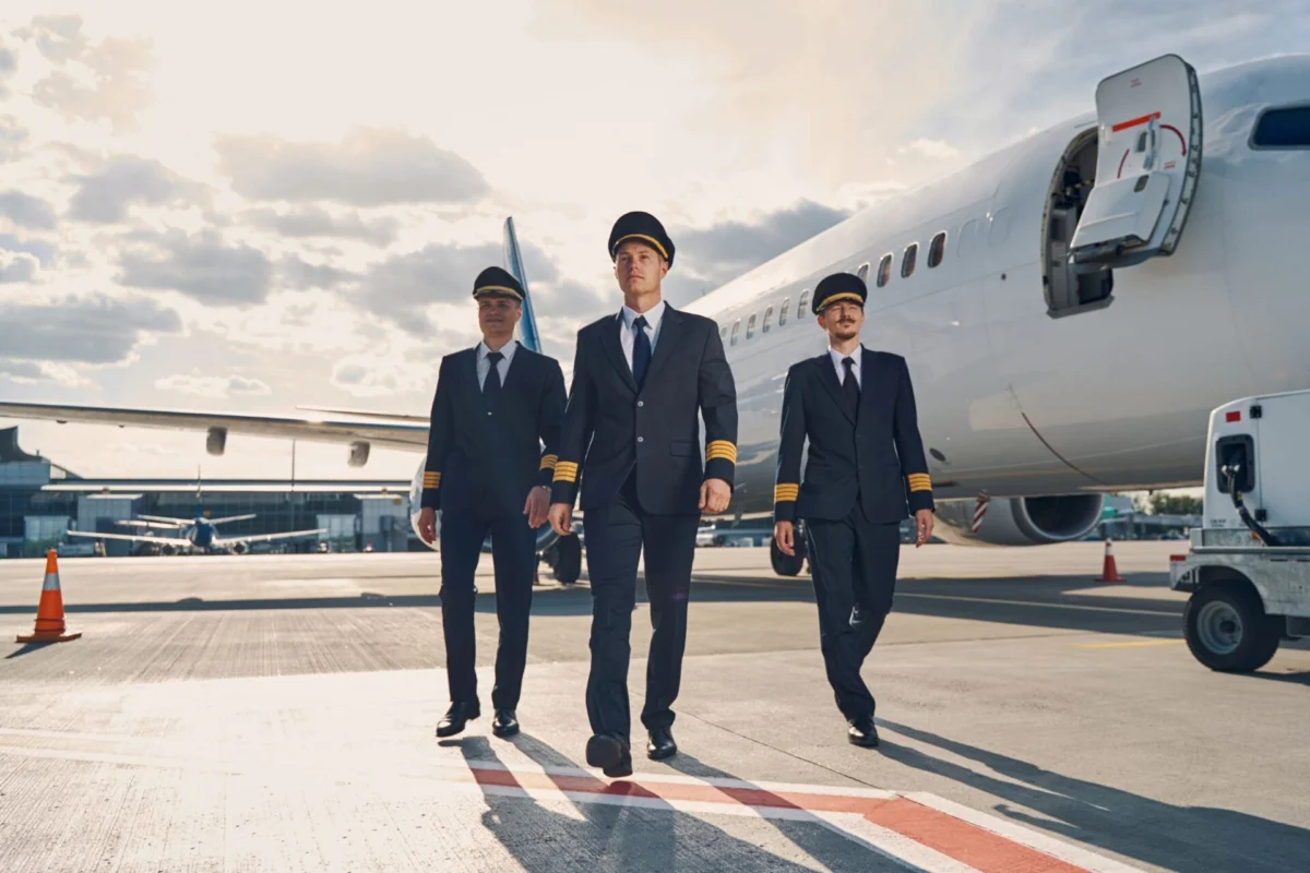 Flight attendant caught posing as pilot for free flights Three pilots in navy uniforms walk toward camera on the airport tarmac beside a large white jet with its door open