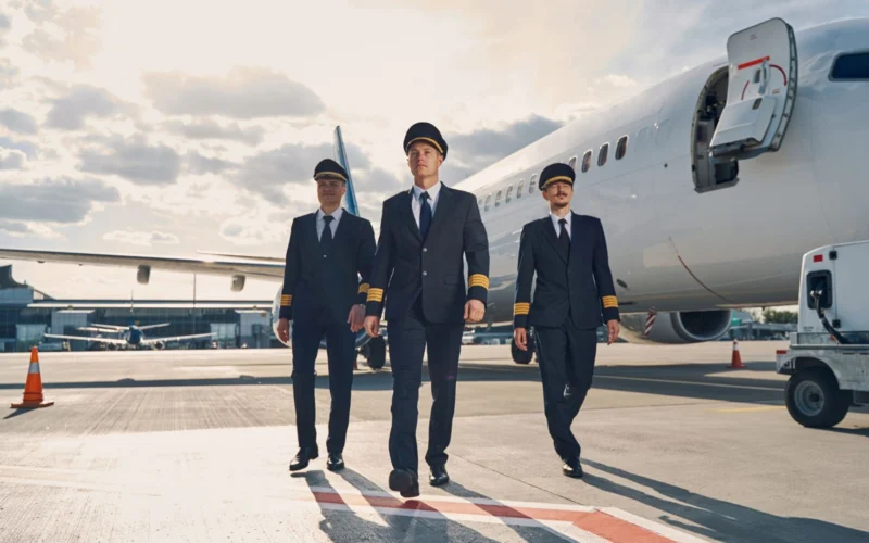 Three pilots in navy uniforms walk toward camera on the airport tarmac beside a large white jet with its door open
