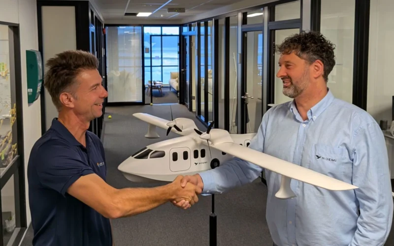 Two men shake hands in a hallway with a white model airplane between them smiling at each other in an office setting
