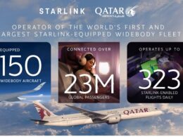Banner showing Starlink and Qatar Airways logos with three tiles 150 equipped aircraft 23M connected passengers 323 daily flights