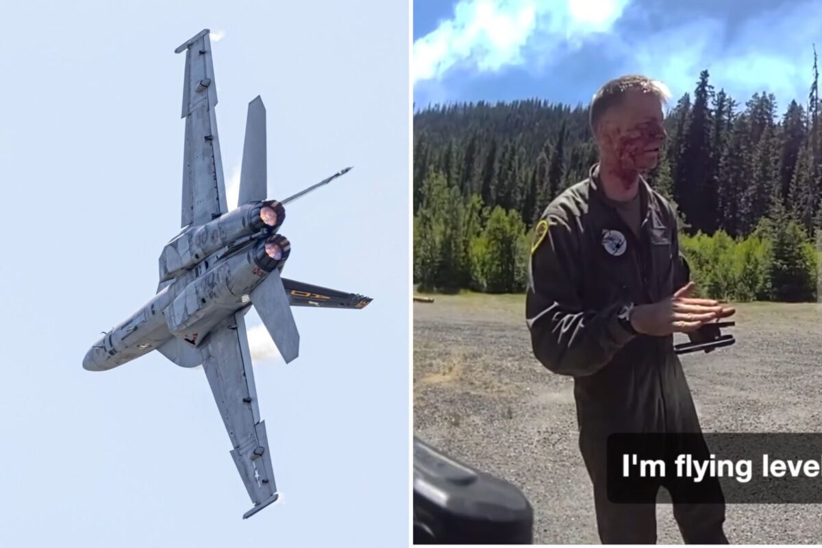 Bodycam shows aftermath of FA 18 crash in Washington Split image left shows a military jet with afterburners in flight against a clear sky right shows a man in a flight suit with facial burns standing outdoors by trees