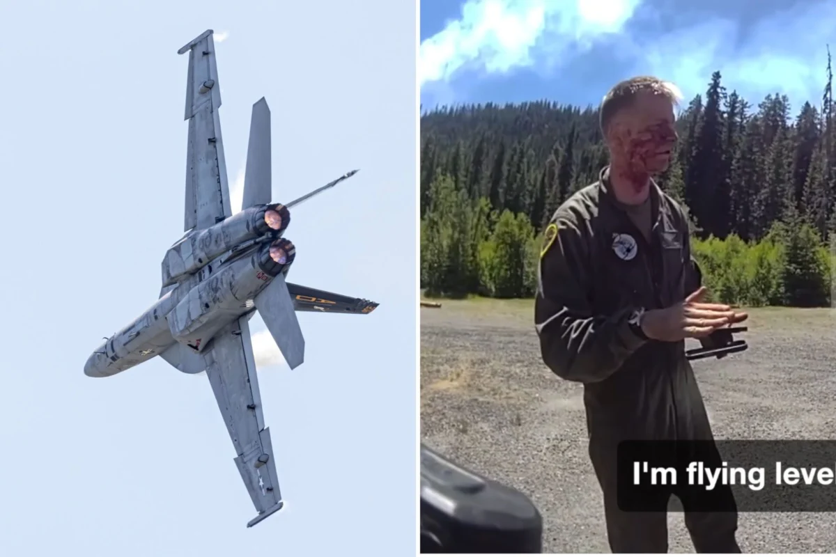 Bodycam shows aftermath of FA 18 crash in Washington Split image left shows a military jet with afterburners in flight against a clear sky right shows a man in a flight suit with facial burns standing outdoors by trees