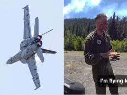 Split image left shows a military jet with afterburners in flight against a clear sky right shows a man in a flight suit with facial burns standing outdoors by trees