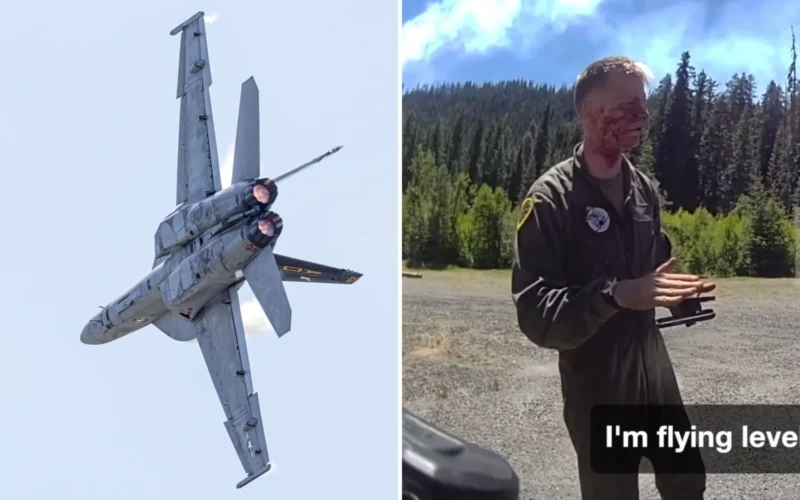 Split image left shows a military jet with afterburners in flight against a clear sky right shows a man in a flight suit with facial burns standing outdoors by trees