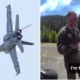 Split image left shows a military jet with afterburners in flight against a clear sky right shows a man in a flight suit with facial burns standing outdoors by trees