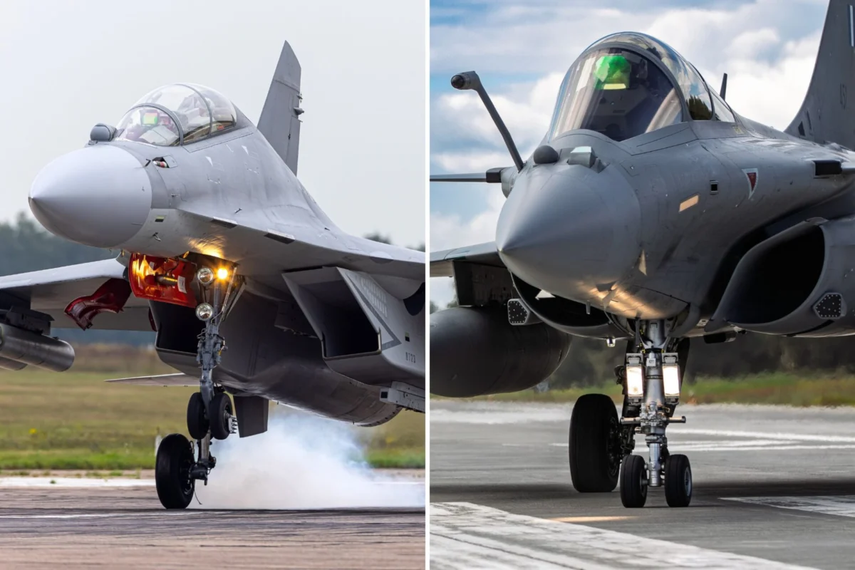 Chinas J 16 faces off with Rafale in Egypt drills Two gray fighter jets parked on a runway split image showing front right views of each aircraft side by side one with exhaust smoke V shaped trails on the left