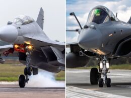 Two gray fighter jets parked on a runway split image showing front right views of each aircraft side by side one with exhaust smoke V shaped trails on the left