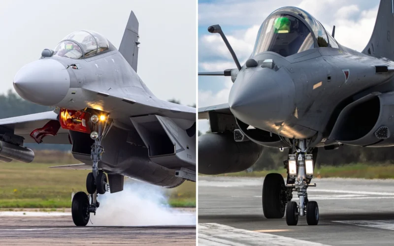 Two gray fighter jets parked on a runway split image showing front right views of each aircraft side by side one with exhaust smoke V shaped trails on the left