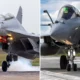 Two gray fighter jets parked on a runway split image showing front right views of each aircraft side by side one with exhaust smoke V shaped trails on the left