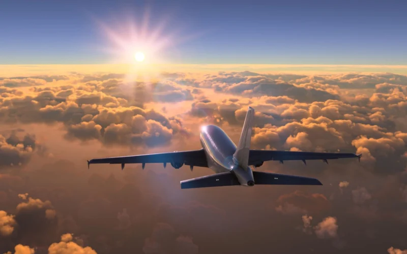 Airplane wing seen from the cabin window flying above sunlit clouds at sunrise in a golden sky