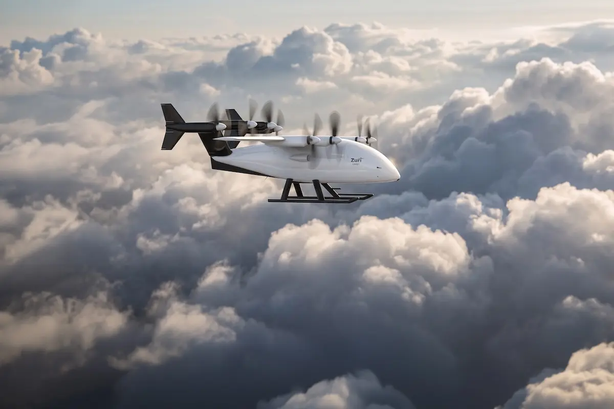 cargo cruise cloudbank 3062 White cargo aircraft with six propellers flying above a cloudy sky labeled Zuri on the fuselage