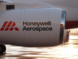 Close up of a jet engine nacelle bearing the Honeywell Aerospace logo