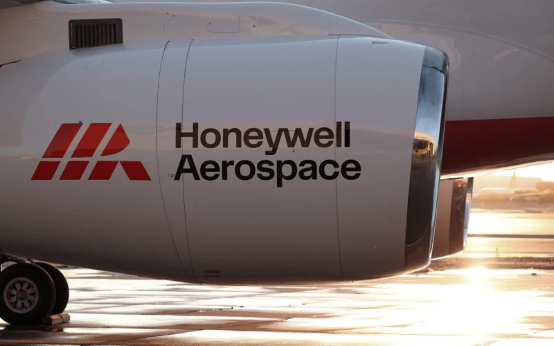 Close up of a jet engine nacelle bearing the Honeywell Aerospace logo