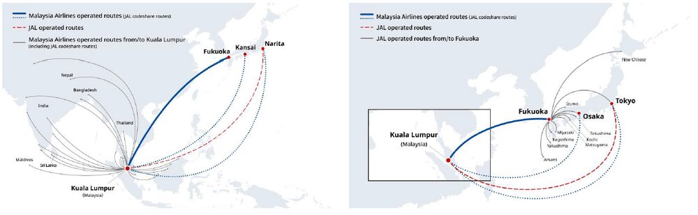 image Map showing MAS and JAL routes from Kuala Lumpur to Asia with solid blue lines for Malaysia Airlines and dashed red lines for JAL codeshare linking to Fukuoka Osaka Tokyo Narita Kansai and other regional destinations