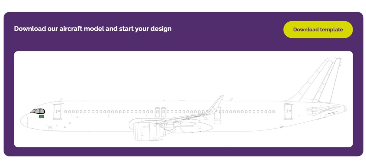 image Purple banner inviting users to download an aircraft model template featuring a white outline of an airplane and a yellow rounded Download template button