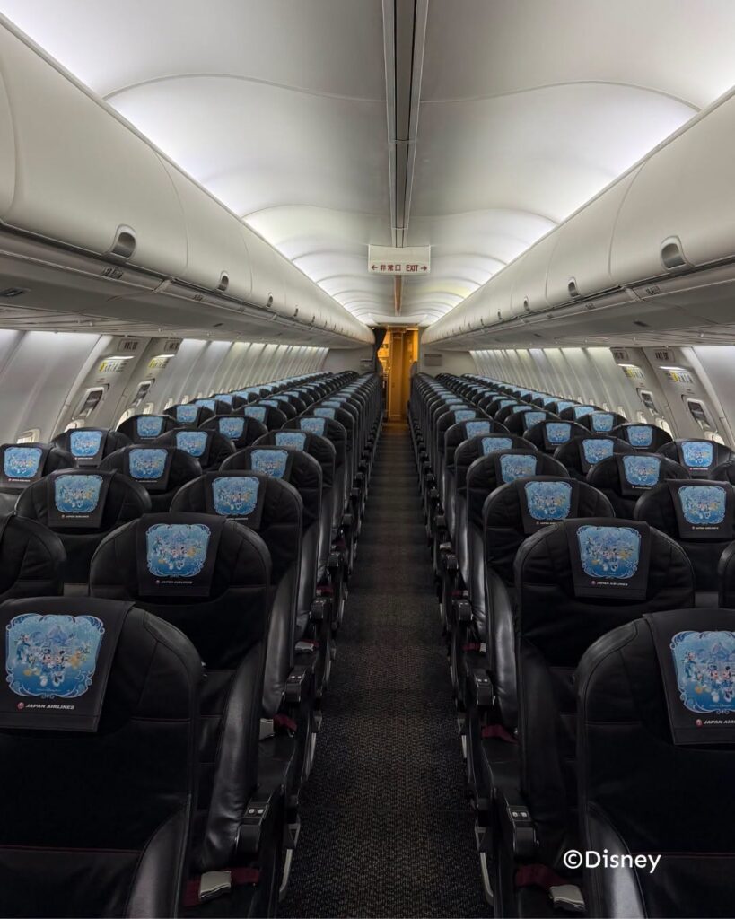 image Empty airplane cabin with two columns of black leather seats and an exit sign at the rear