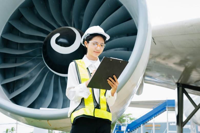 image Female aviation technician in a safety vest and helmet holding a clipboard beside a large airplane engine inspecting it for maintenance
