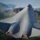 Top down rear view of a sleek fighter jet in flight over rugged terrain showcasing twin afterburner exhausts and sharp angular wings