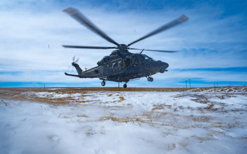 A 582nd Helicopter Group MH 139A Grey Wolf takes off near Pine Bluffs Wyoming