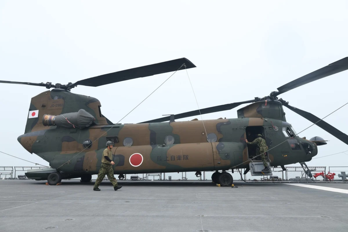 A CH 47 Chinook heavy helicopter aboard JS Kunisaki at Kijing Port A CH 47 Chinook heavy helicopter aboard JS Kunisaki at Kijing Port