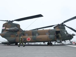 A CH 47 Chinook heavy helicopter aboard JS Kunisaki at Kijing Port
