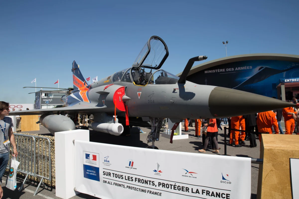 A DGA Mirage 2000 test aircraft equipped with a Thales TALIOS targeting pod on static display A DGA Mirage 2000 test aircraft equipped with a Thales TALIOS targeting pod on static display
