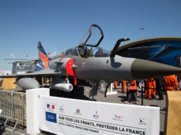 A DGA Mirage 2000 test aircraft equipped with a Thales TALIOS targeting pod on static display