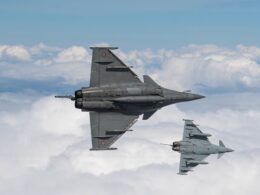 A Dassault Rafale and a Eurofighter Typhoon fly in formation