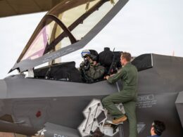 A Finnish Air Force pilot prepares for his first F 35A Lightning II training flight at Ebbing Air National Guard Base Arkansas