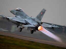 A Polish Air Force F 16 fighter takes off