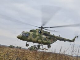 A Russian Aerospace Forces Mi 8 helicopter during a military exercise