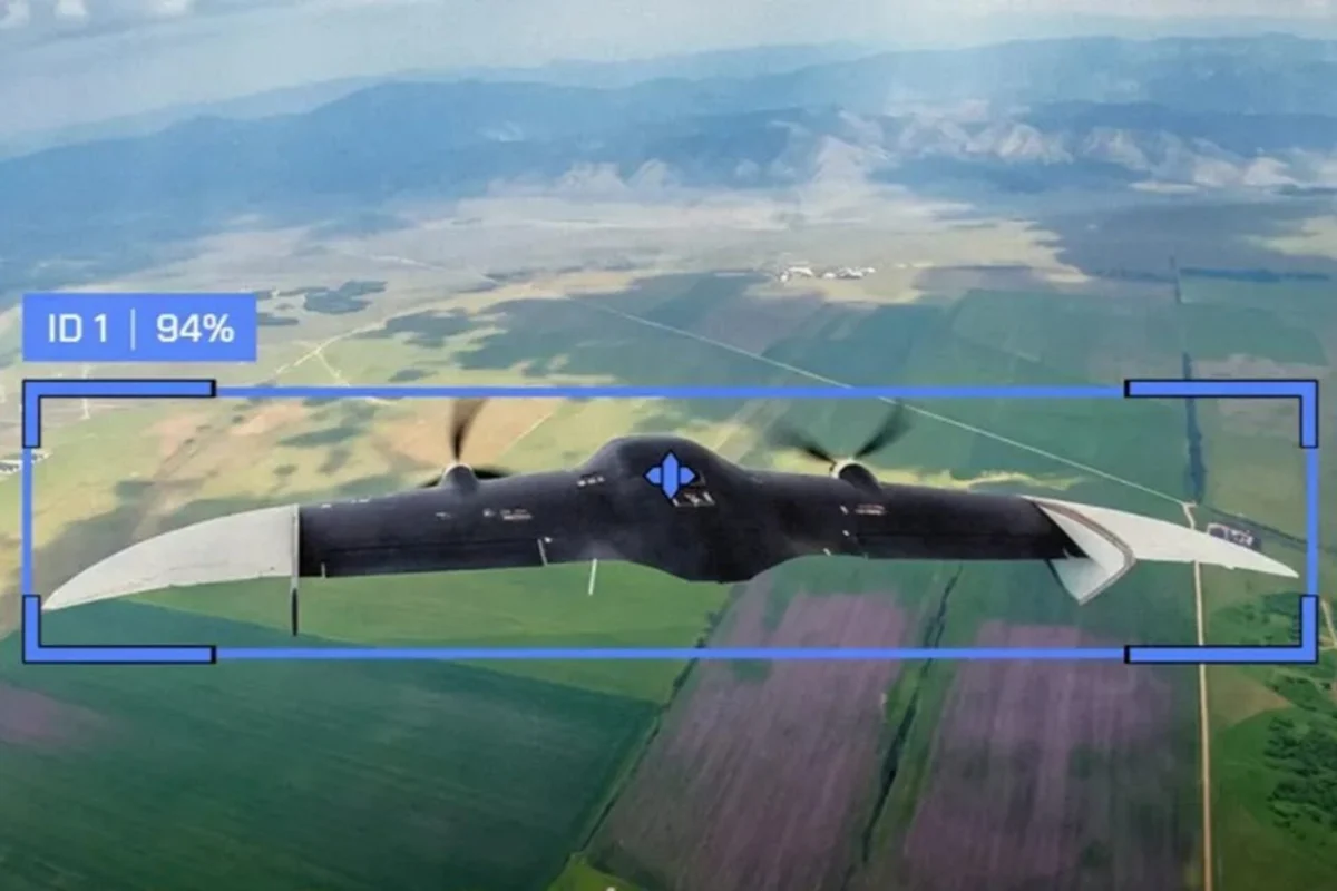A Russian fixed wing drone is tracked by a Ukrainian interceptor system