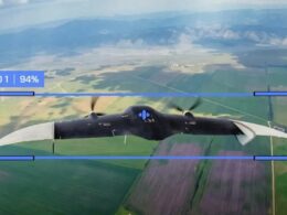 A Russian fixed wing drone is tracked by a Ukrainian interceptor system