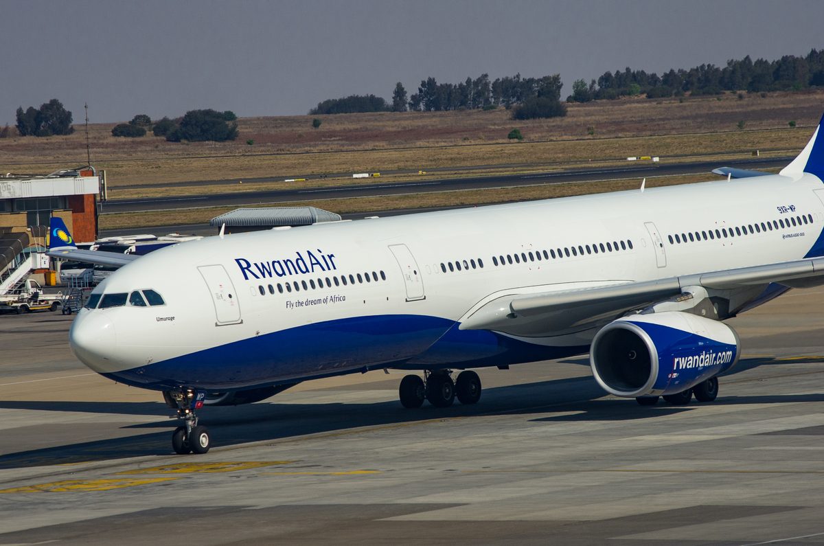 JohannesburgSouthAfrica October82018ARwandairJumbo RwandAir wide body jet on the taxiway at the airport nose near the camera and bluewhite livery visible