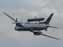 A Swedish Air Force Saab S 100 Argus airborne early warning and control aircraft