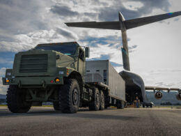 A US Air Force C 17A Globemaster III delivers a US Navy Containerized Launching System to Trondheim Norway