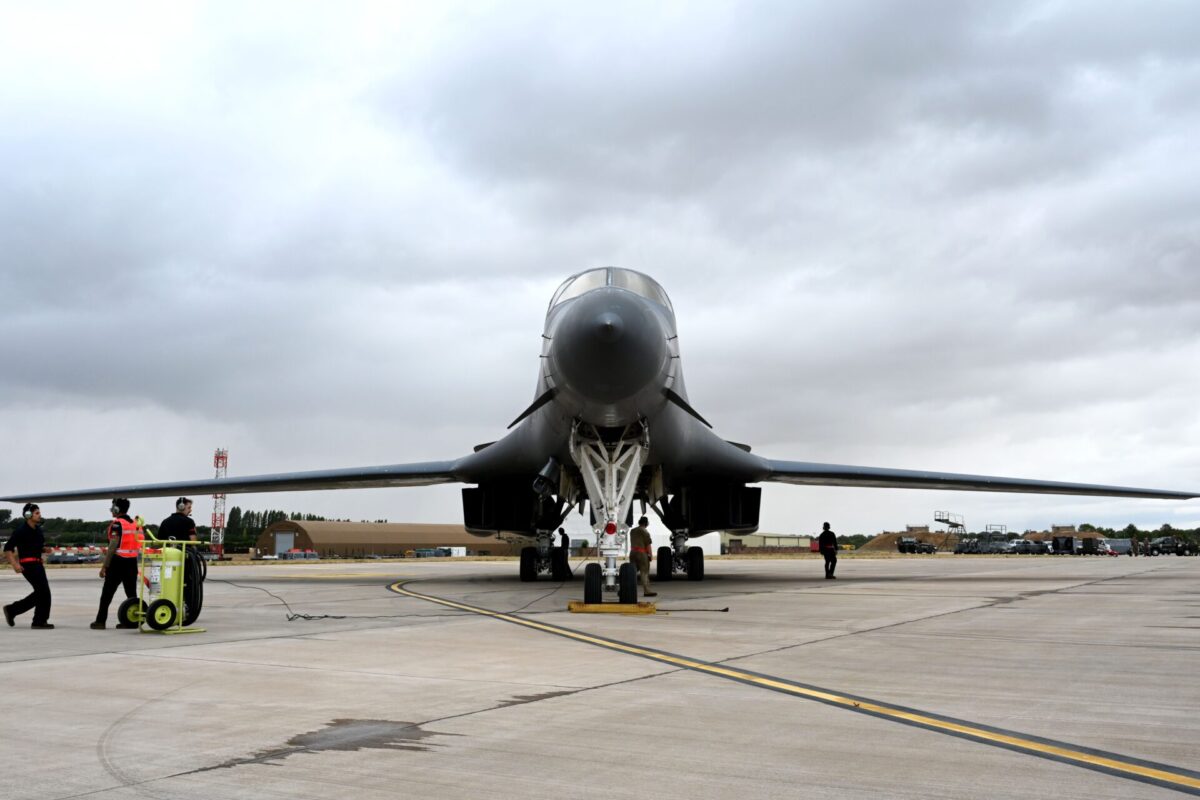 A US Air Force B 1B Lancer bomber at RAF Fairford United Kingdom A US Air Force B 1B Lancer bomber at RAF Fairford United Kingdom