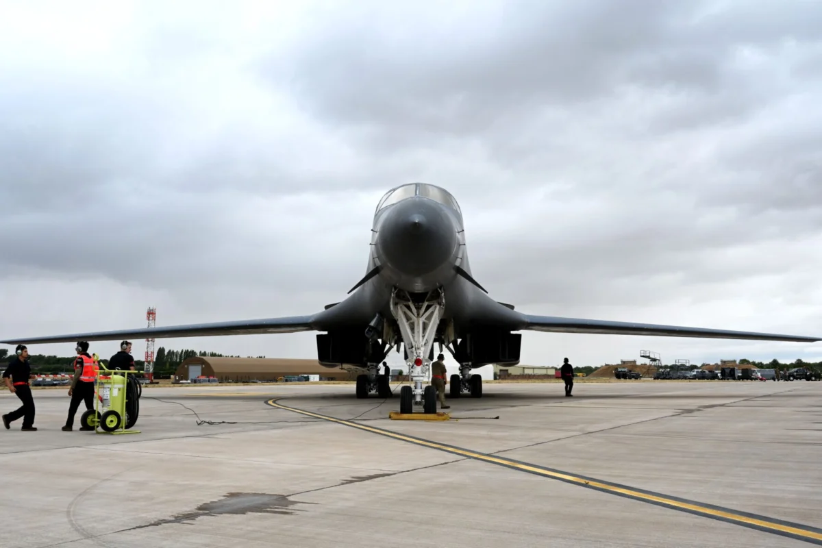 A US Air Force B 1B Lancer bomber at RAF Fairford United Kingdom A US Air Force B 1B Lancer bomber at RAF Fairford United Kingdom