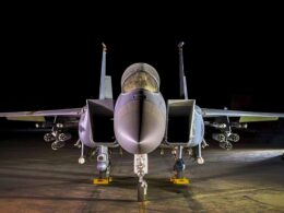 A USAF F 15E Strike Eagle from Muwaffaq Salti Air Base Jordan configured for counter drone operations